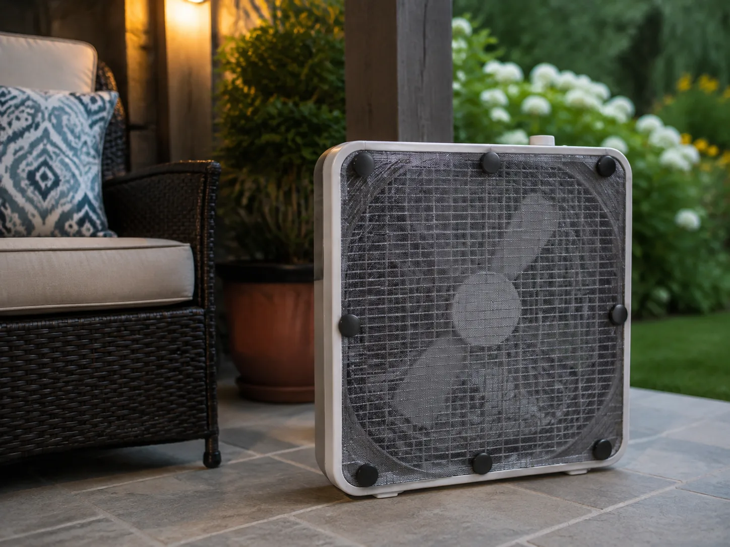 A box fan with removable fine mesh over its intake side on a covered porch, arranged as an airflow-based mosquito trap.