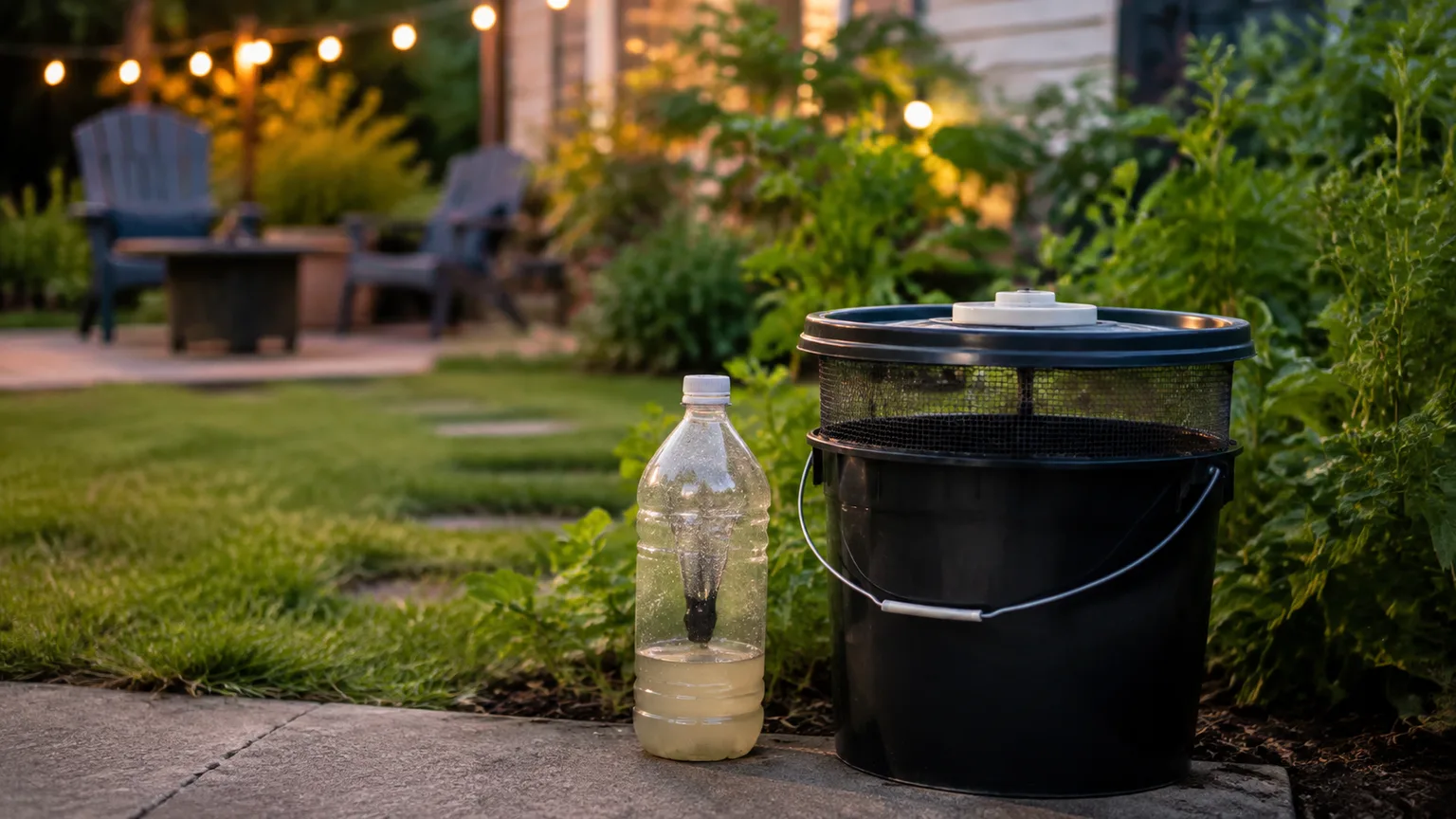 Outdoor DIY mosquito traps arranged on a shaded patio at dusk
