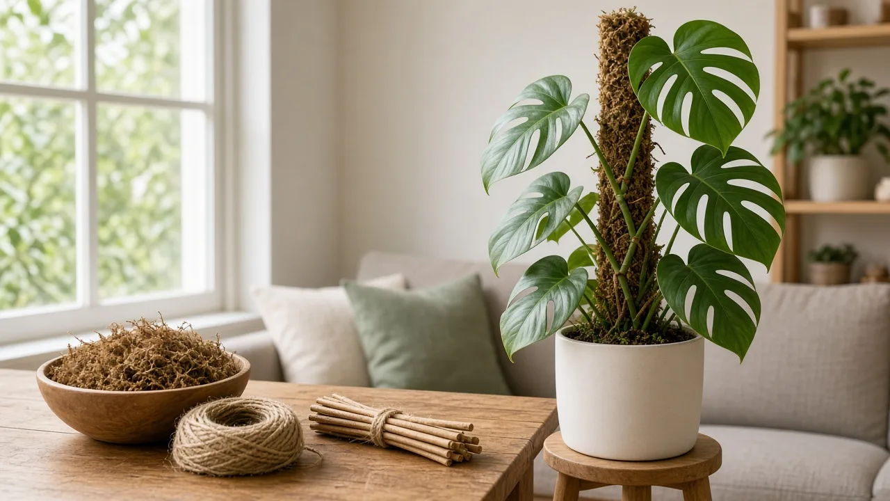 Monstera climbing a moss pole in a bright indoor plant corner