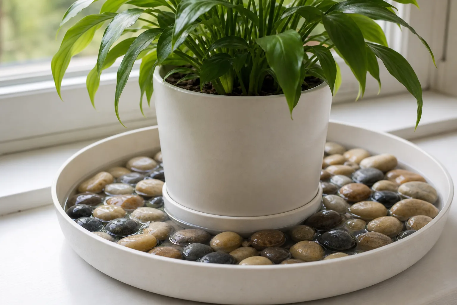 Water filled below pebble tops with pot resting above the waterline