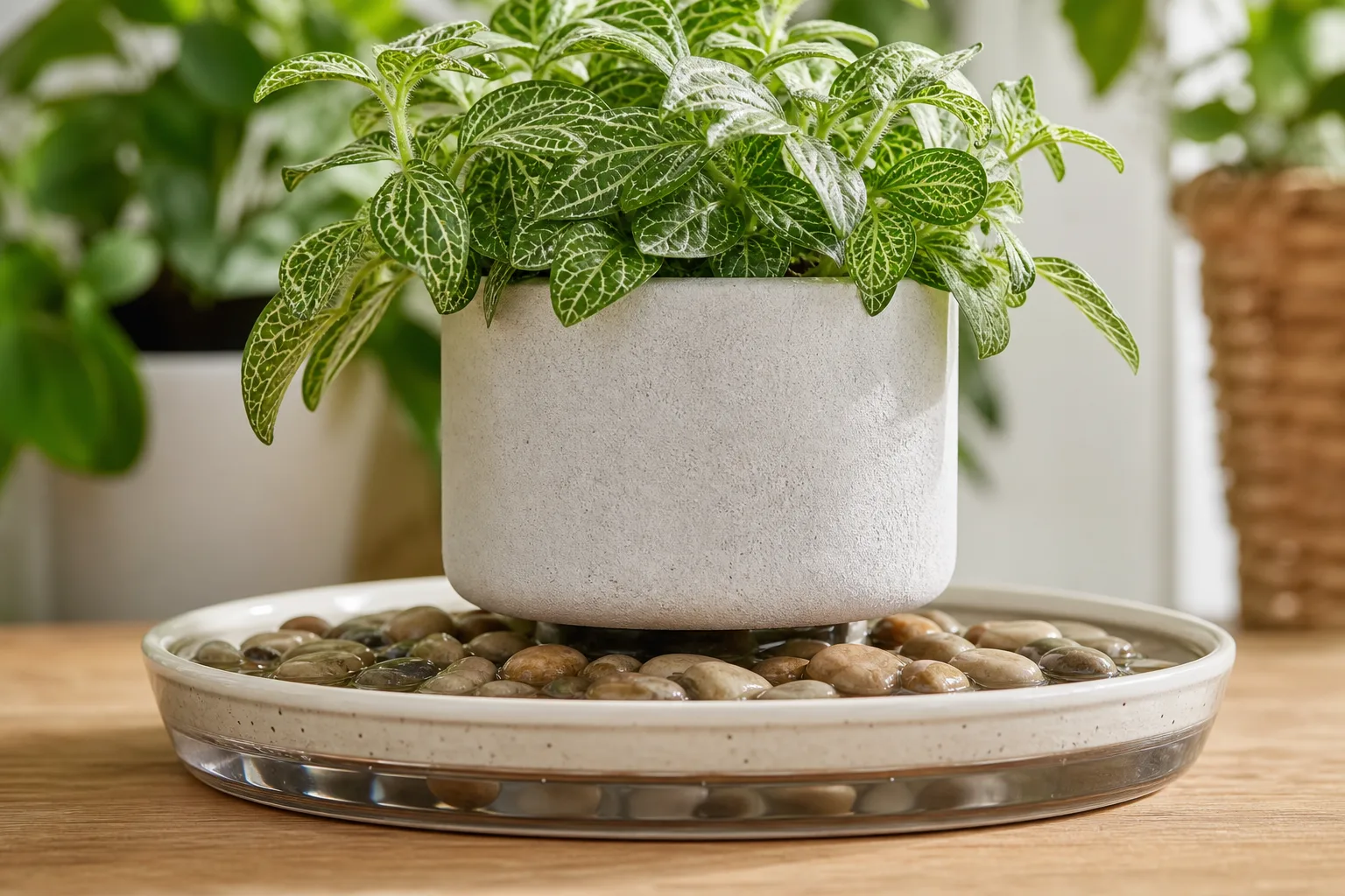 Houseplant pot on pebbles with clear gap above the tray water
