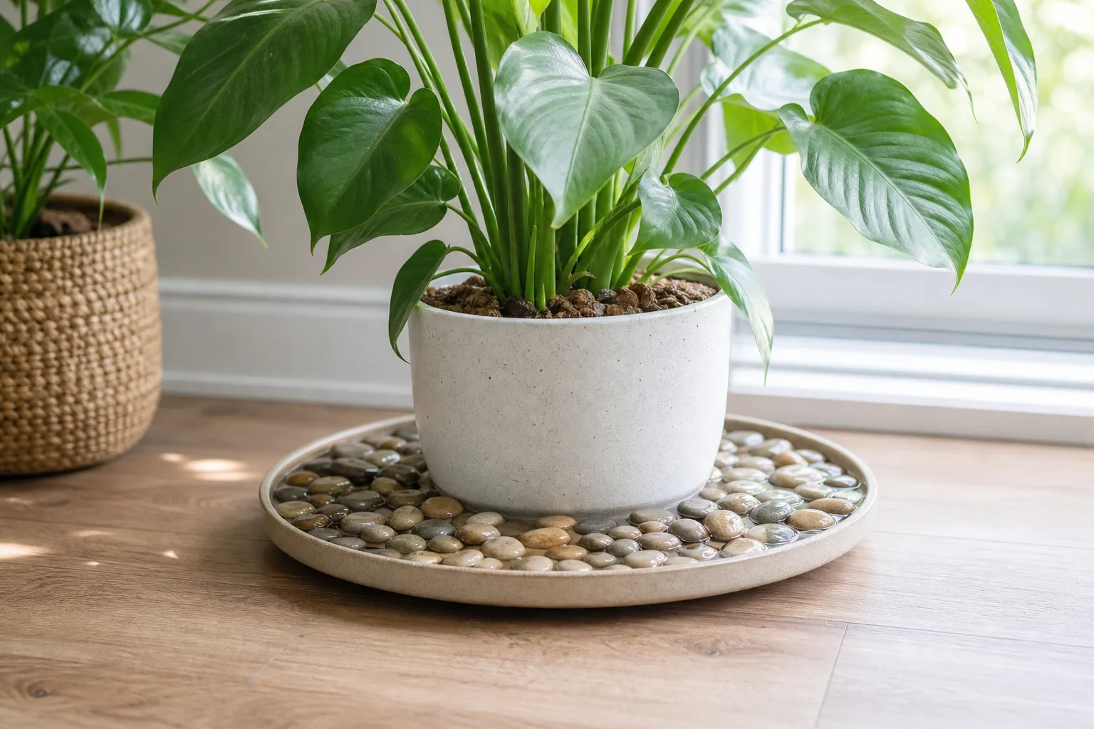 Houseplant on a pebble humidity tray with water below the stone tops
