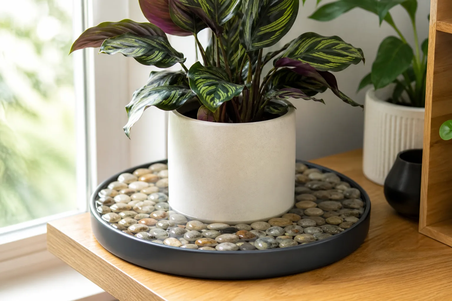 Fittonia nerve plant on a wide DIY pebble tray with the pot elevated above the waterline