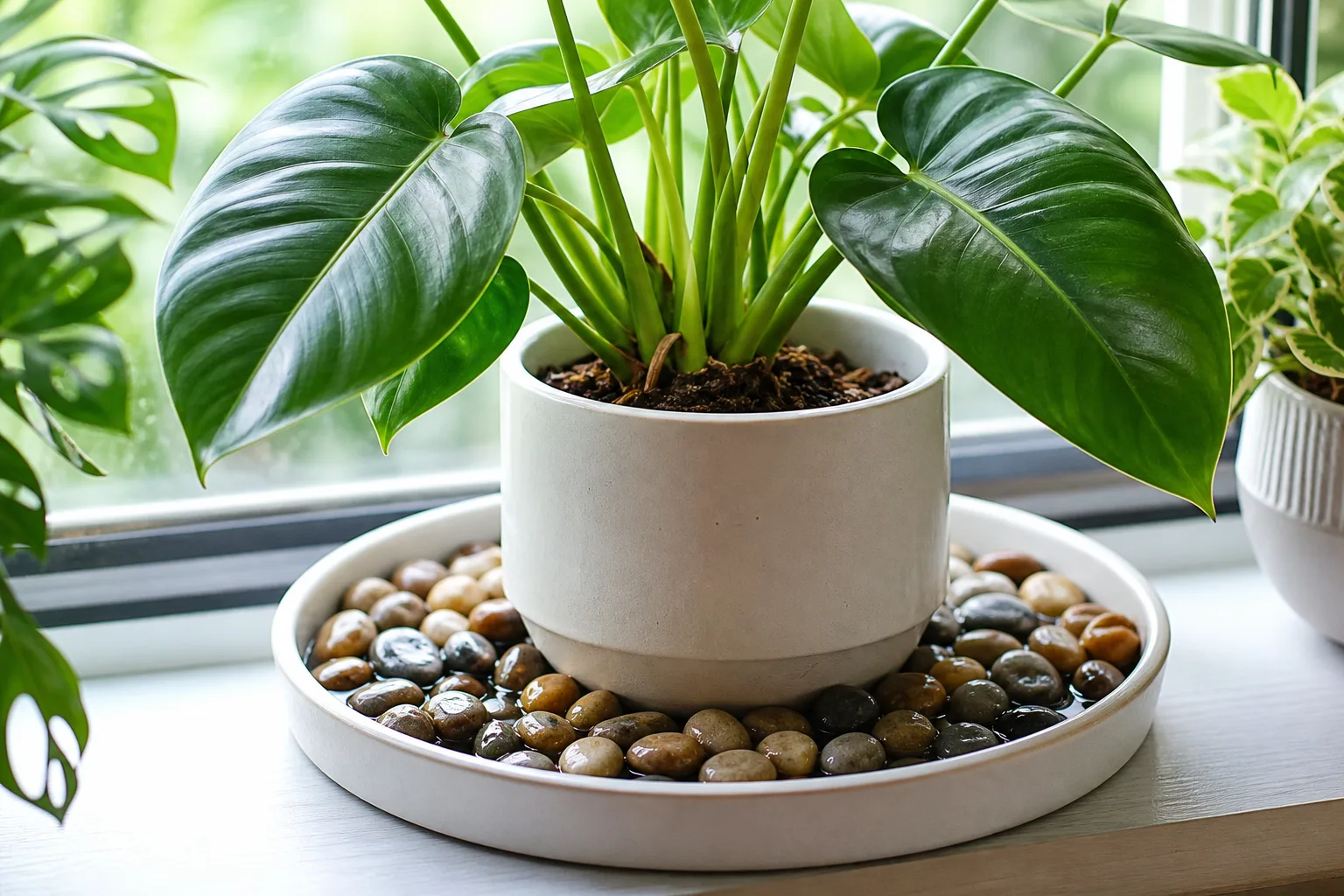 Compact houseplant centered above water on a broad DIY pebble tray
