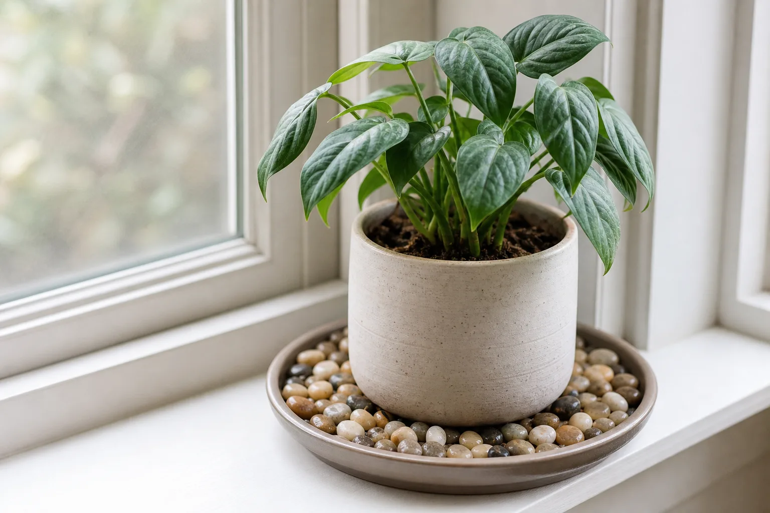 Potted houseplant on a pebble humidity tray with water below the stone tops