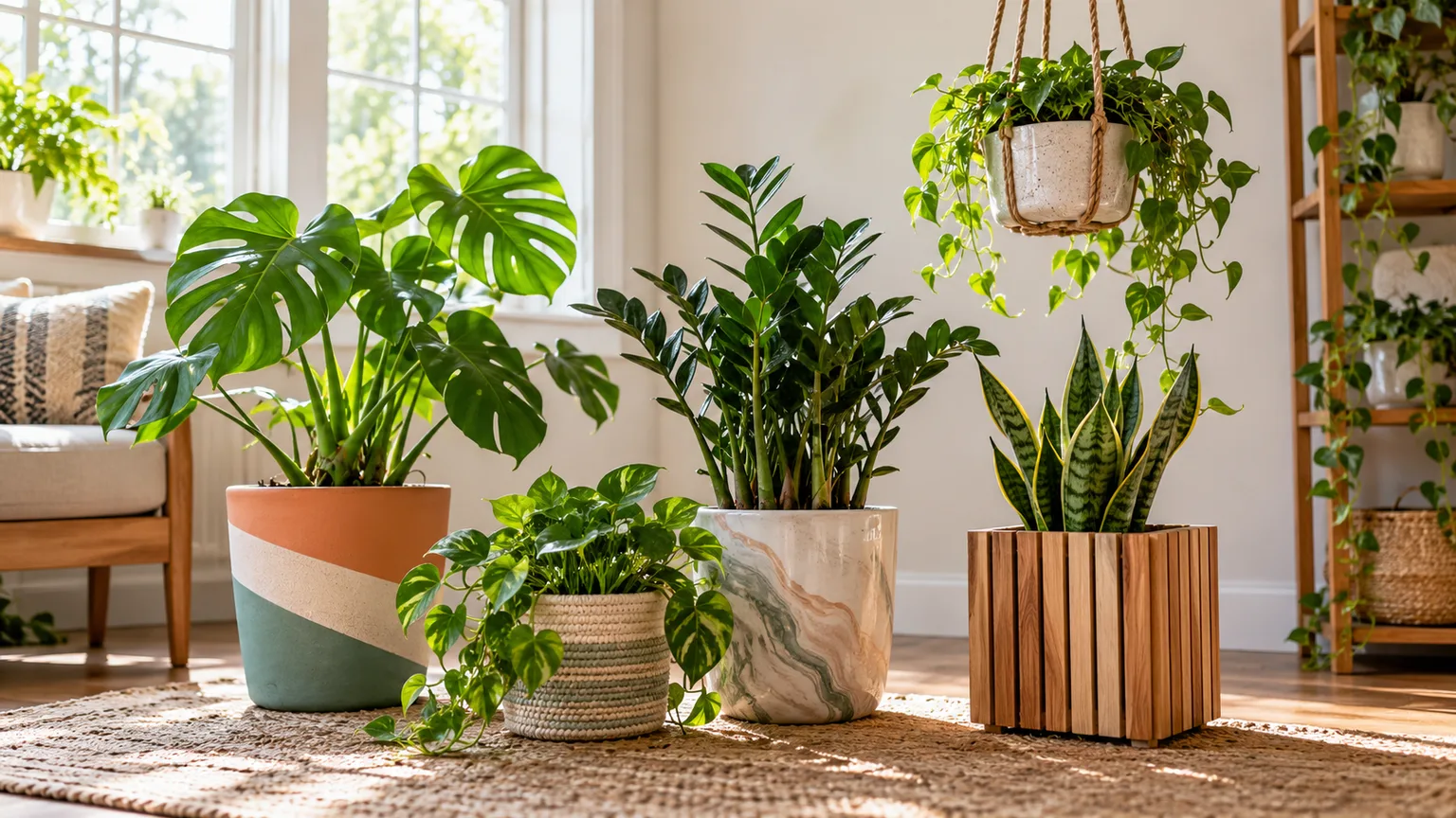 A group of houseplants in painted, marbled, woven, and wood-slat DIY planters