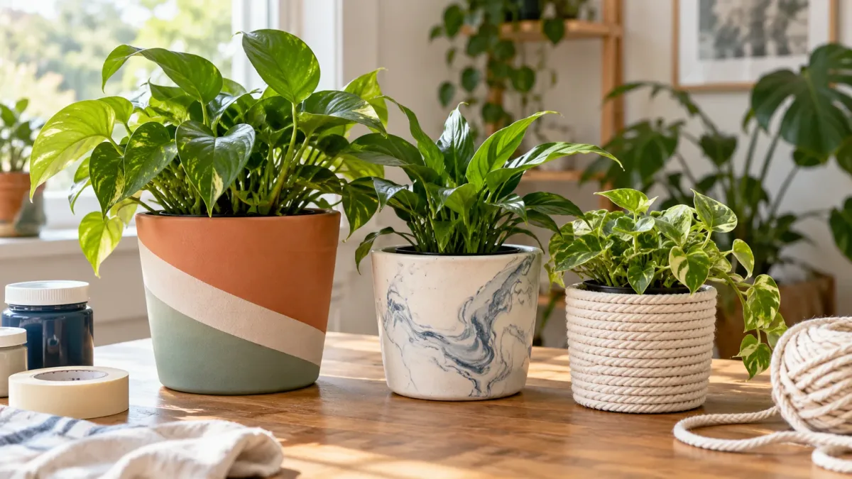 Painted terracotta, marbled, and cord-wrapped cachepots displayed with houseplants on a bright worktable