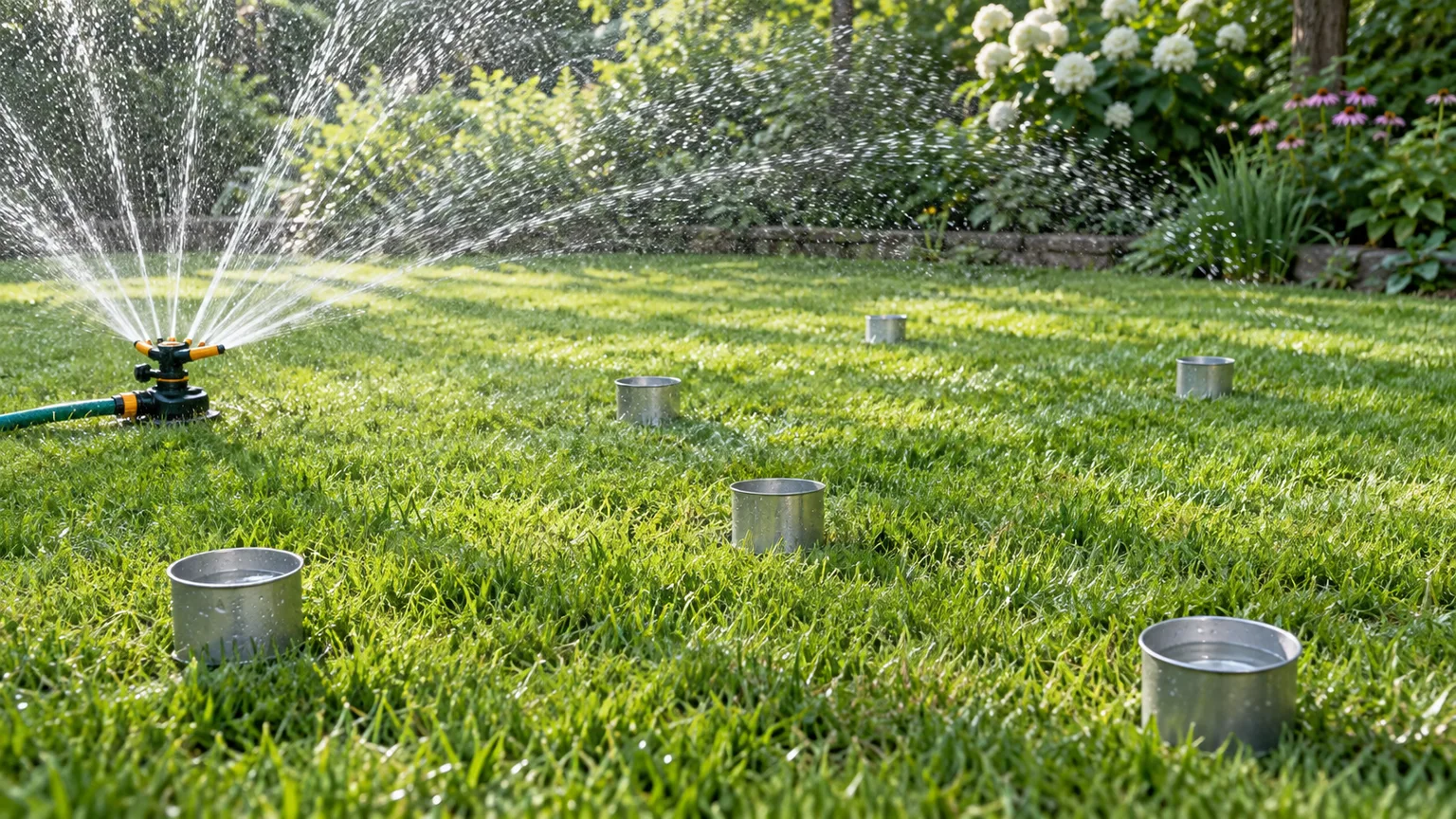 Catch cans distributed across a lawn while a hose-fed sprinkler runs