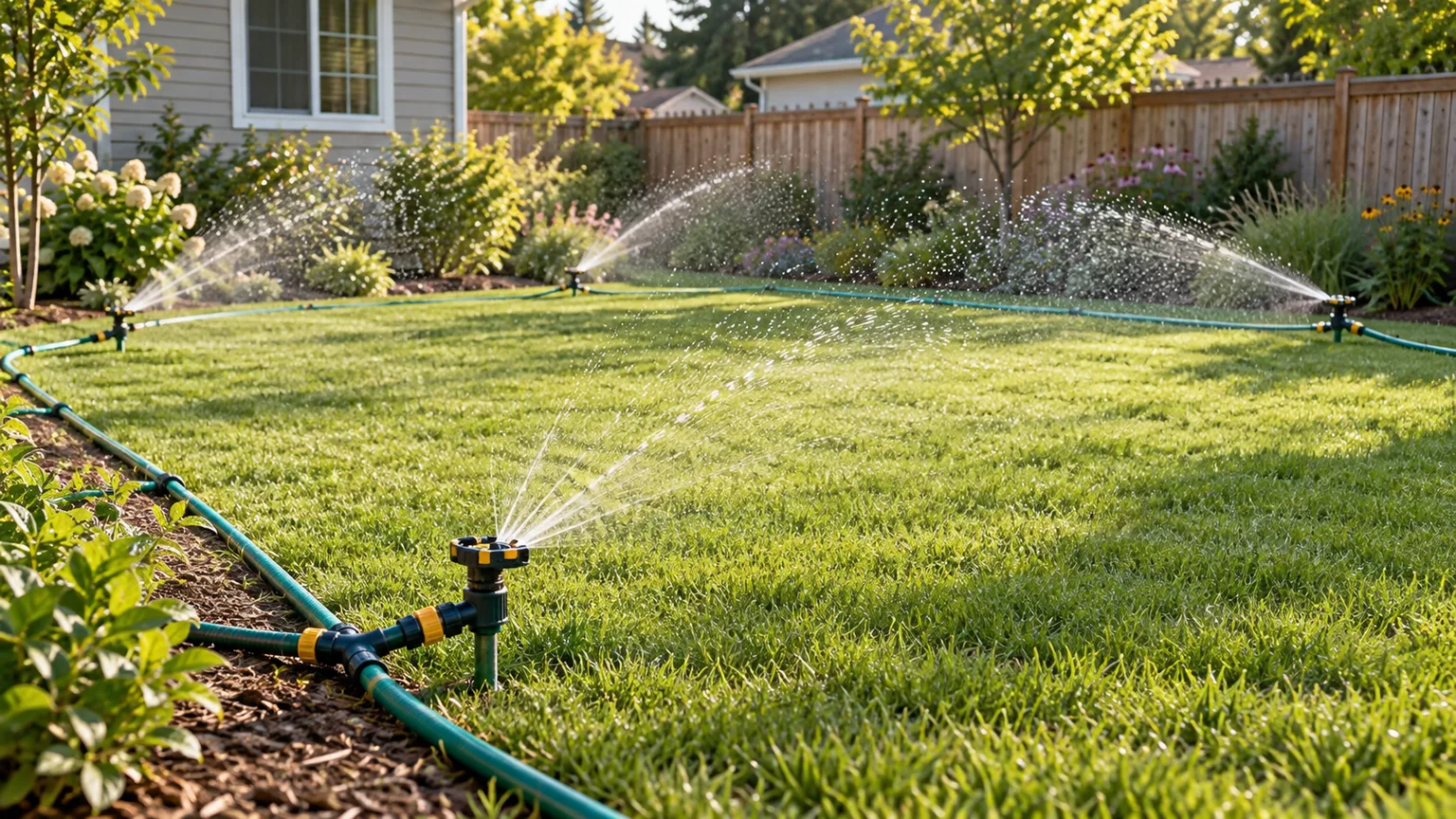 Hose-fed stake sprinklers watering a small lawn without underground piping