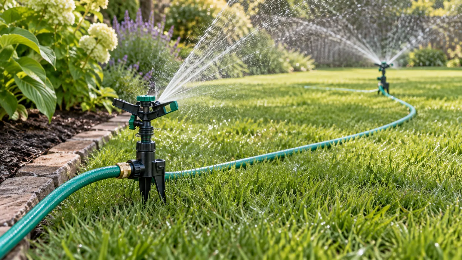 Garden hose connected to a hose-fed sprinkler stake at the edge of a lawn