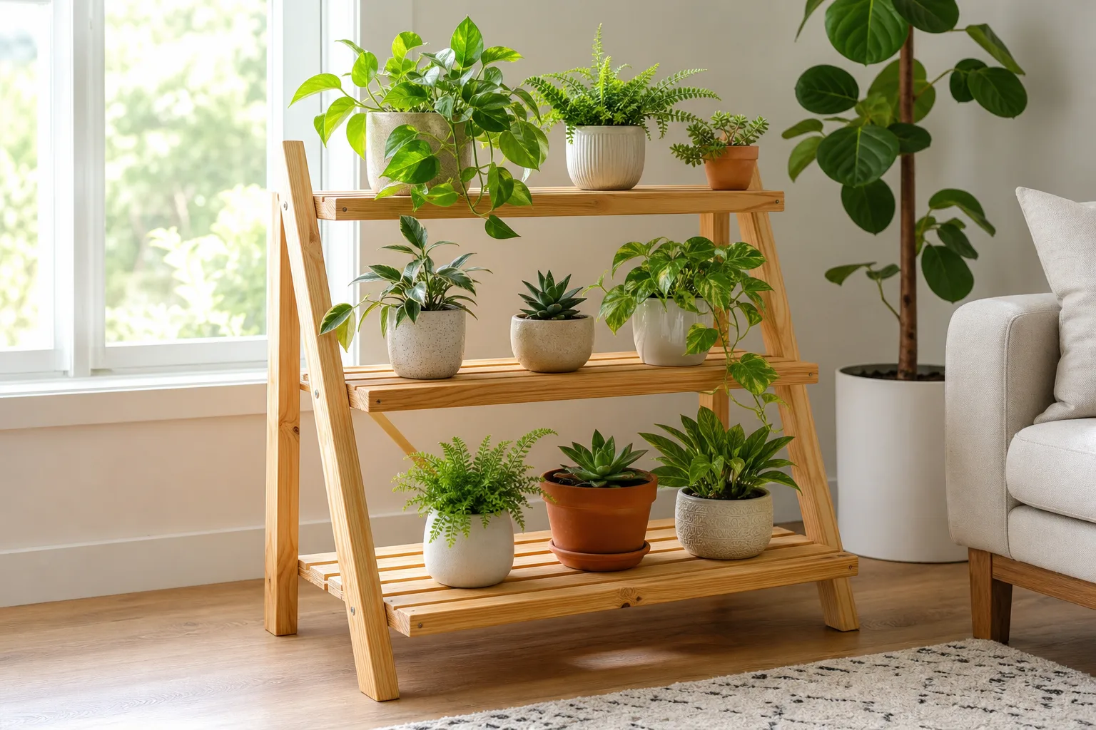 Three-tier wooden plant stand loaded with mixed houseplant pots beside a sunny window
