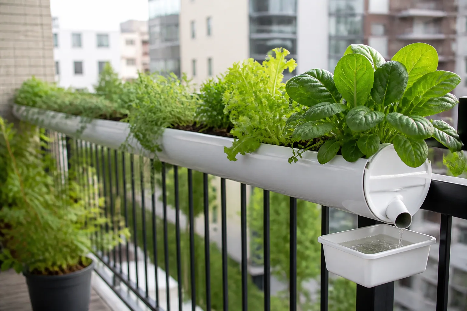 Vinyl gutter planters on a balcony railing growing lettuce and herbs