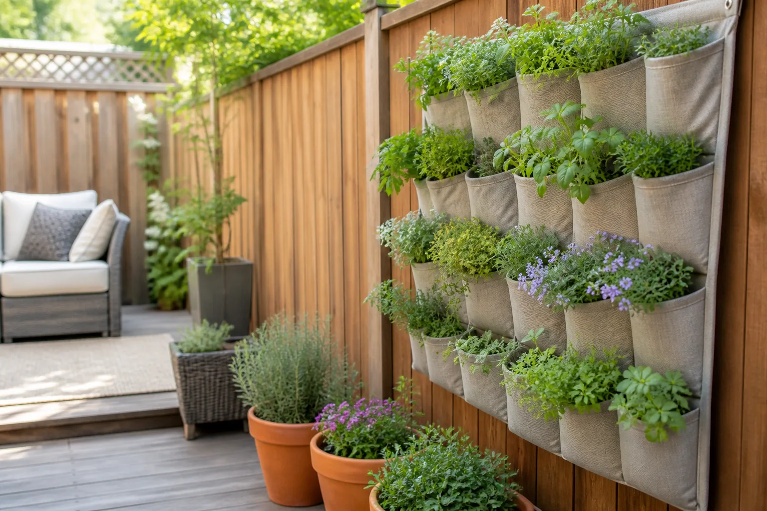 DIY vertical garden with fabric pocket planters filled with herbs mounted on a wooden fence in a sunny backyard