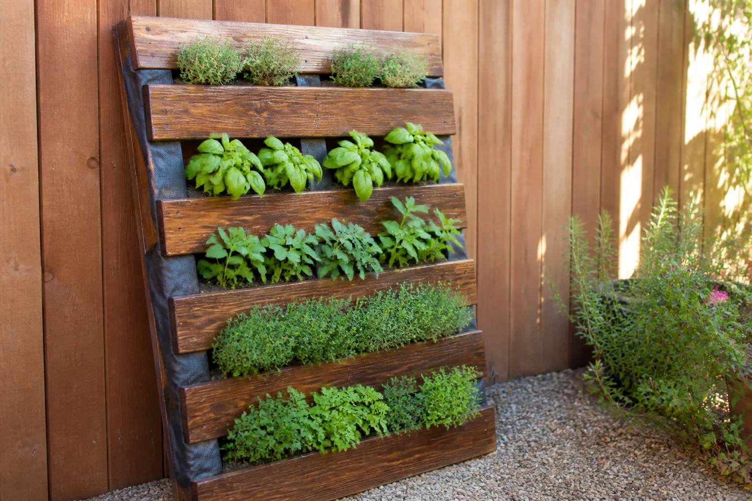 Vertical pallet planter with herbs and trailing greens against a fence in a small courtyard