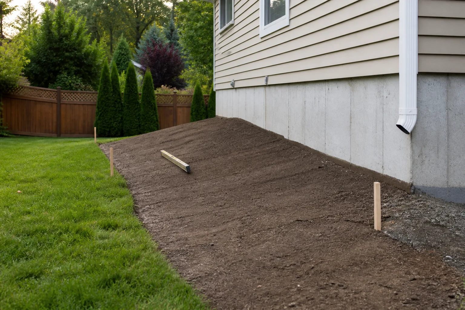 Fresh soil graded to slope downward away from a house foundation wall