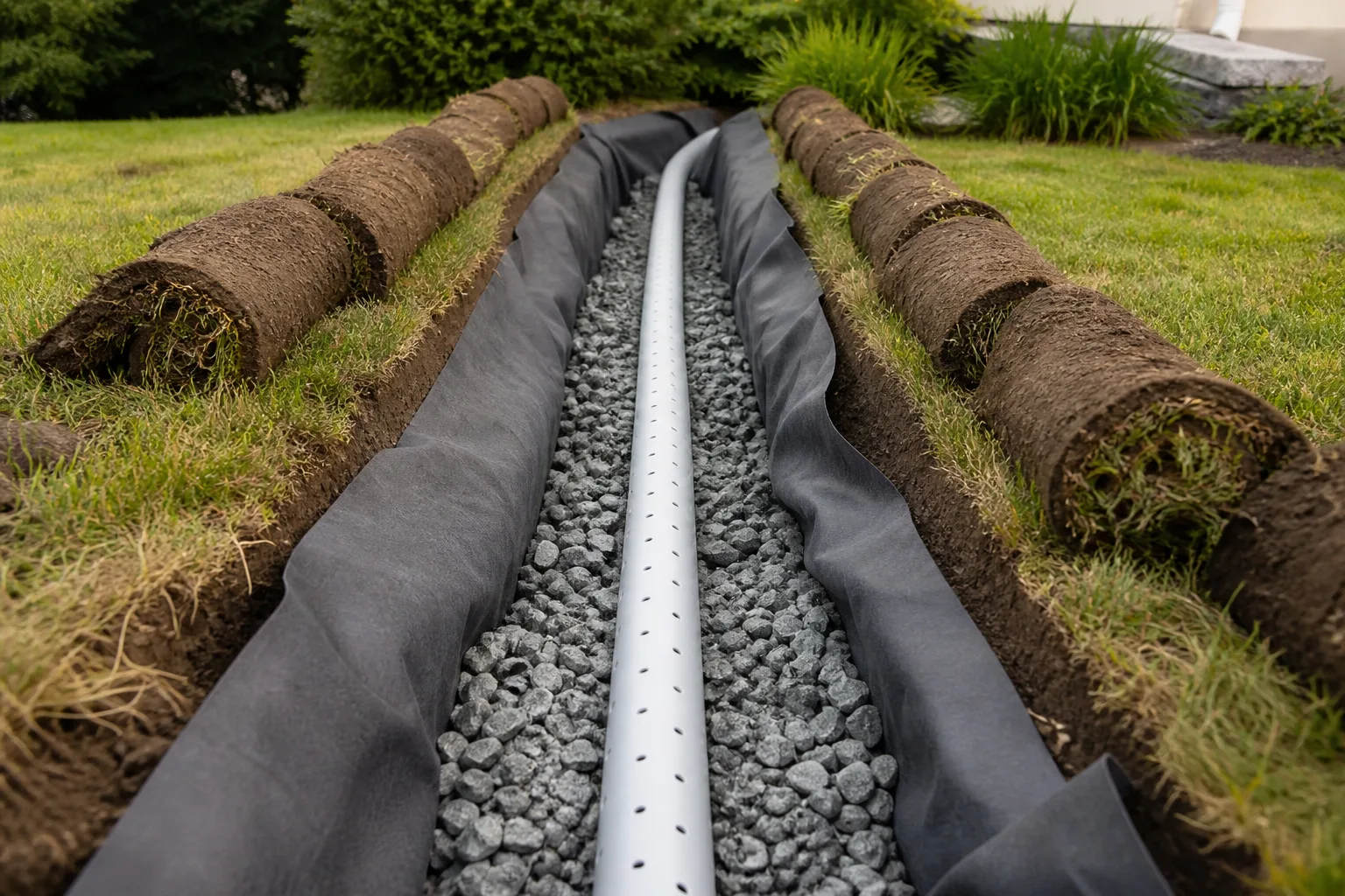 Open lawn trench lined with landscape fabric, gravel, and perforated PVC drainage pipe