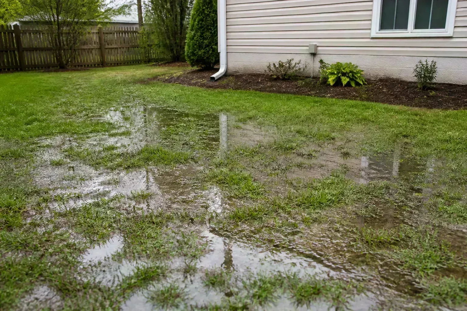 Suburban backyard lawn with standing water puddles in low spots after a rainstorm near a house foundation