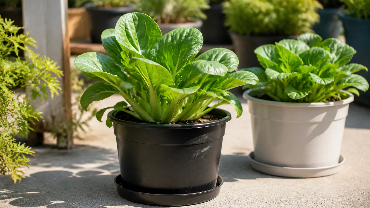 Black and light-colored plant containers holding leafy greens in hot afternoon sun