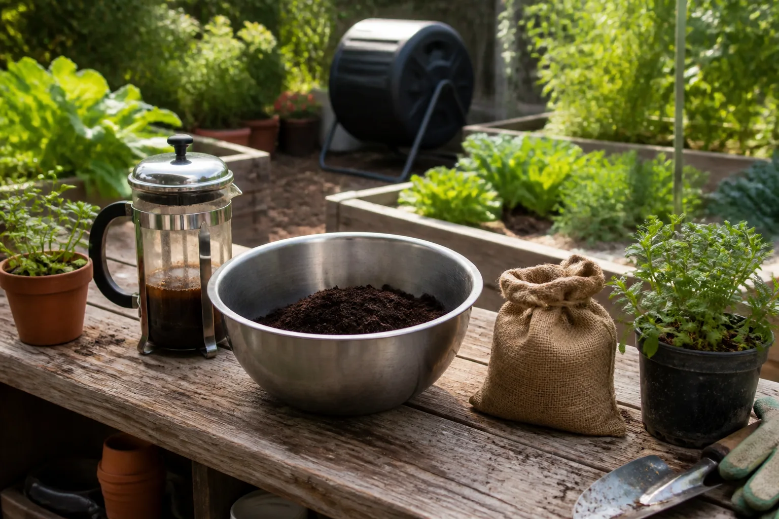 Bowl of used coffee grounds on a potting bench beside a French press with garden beds in the background