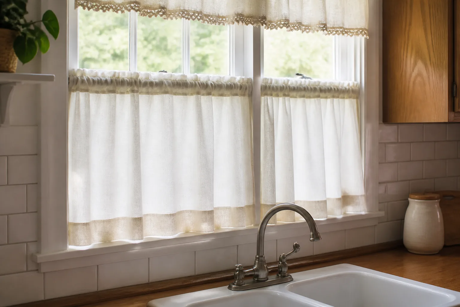 Light cotton kitchen curtains on a window above a clean sink area where cooking grease and steam collect fastest