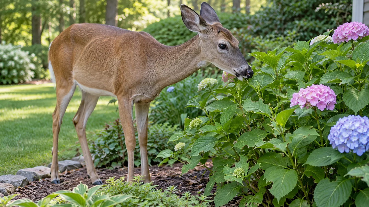 A white-tailed deer browsing a hydrangea leaf beside pink and blue hydrangea flower clusters