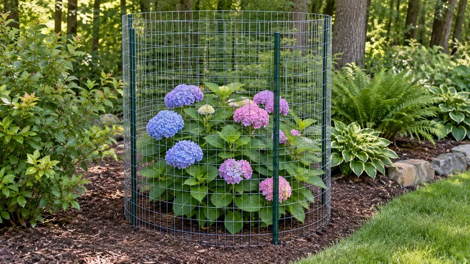 A flowering bigleaf hydrangea fully enclosed by a sturdy wire cage with clearance around the leaves