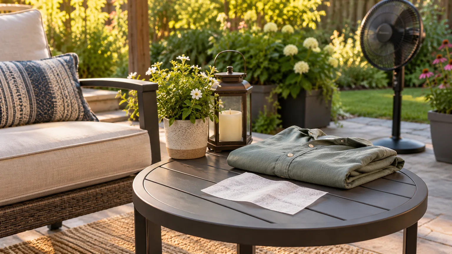 A clean dryer sheet on an outdoor patio table beside folded clothing, with a fan nearby