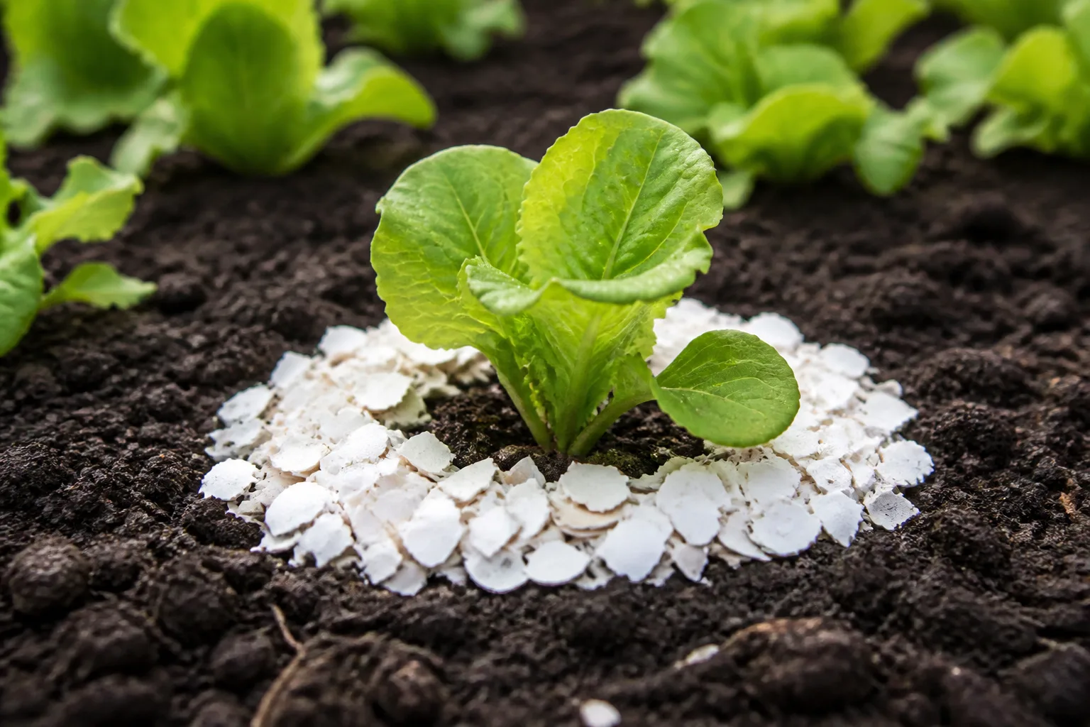 Crushed eggshell shards forming a protective ring around a young lettuce seedling in garden soil