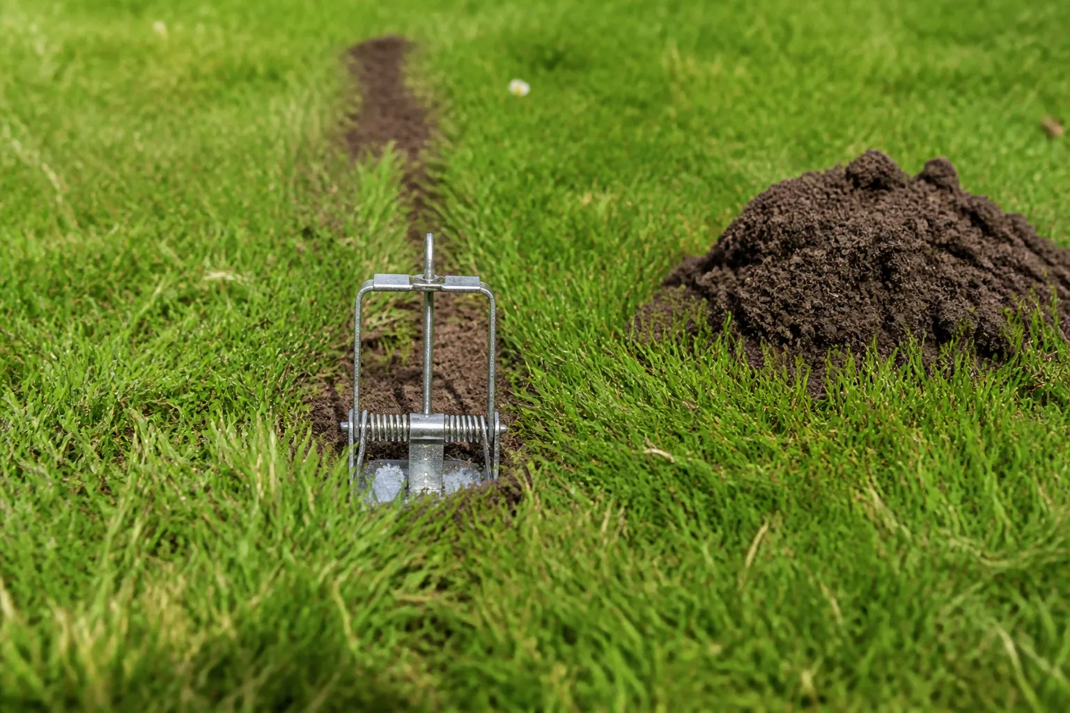 Burrowing pest trap set at an active lawn tunnel opening