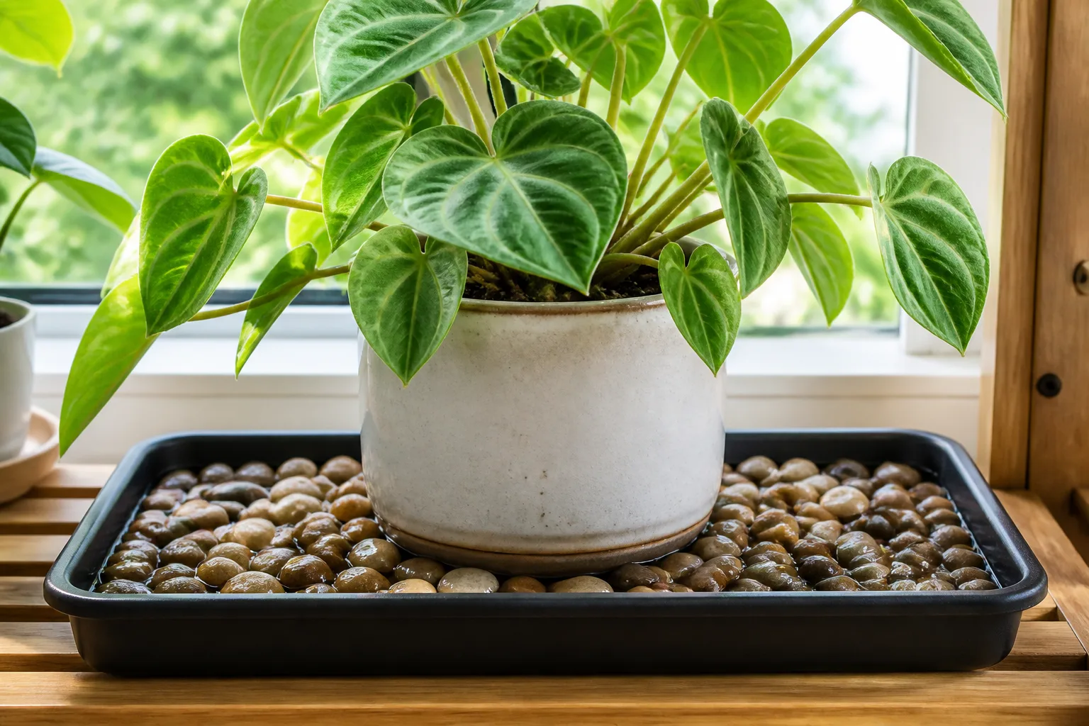 Digital hygrometer beside a fittonia on a wide pebble tray showing local humidity readings