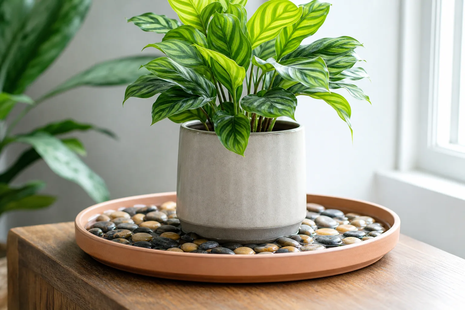 Hygrometer suspended at six inches above a pebble tray beside fittonia lower leaves during a humidity reading