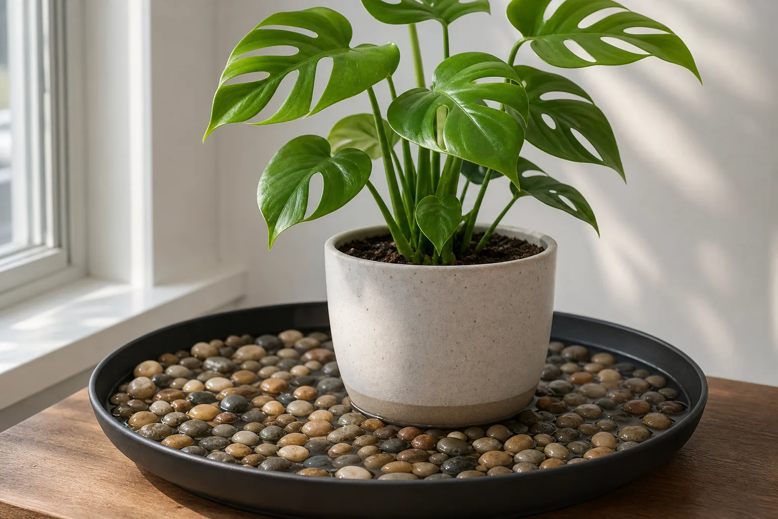 Compact fittonia on a wide pebble tray in a still corner away from heating vents