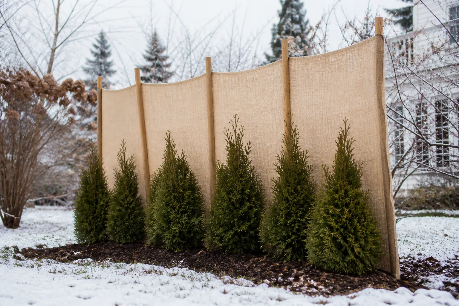 Burlap wind screen on wooden stakes protecting evergreen shrubs in a snowy winter garden