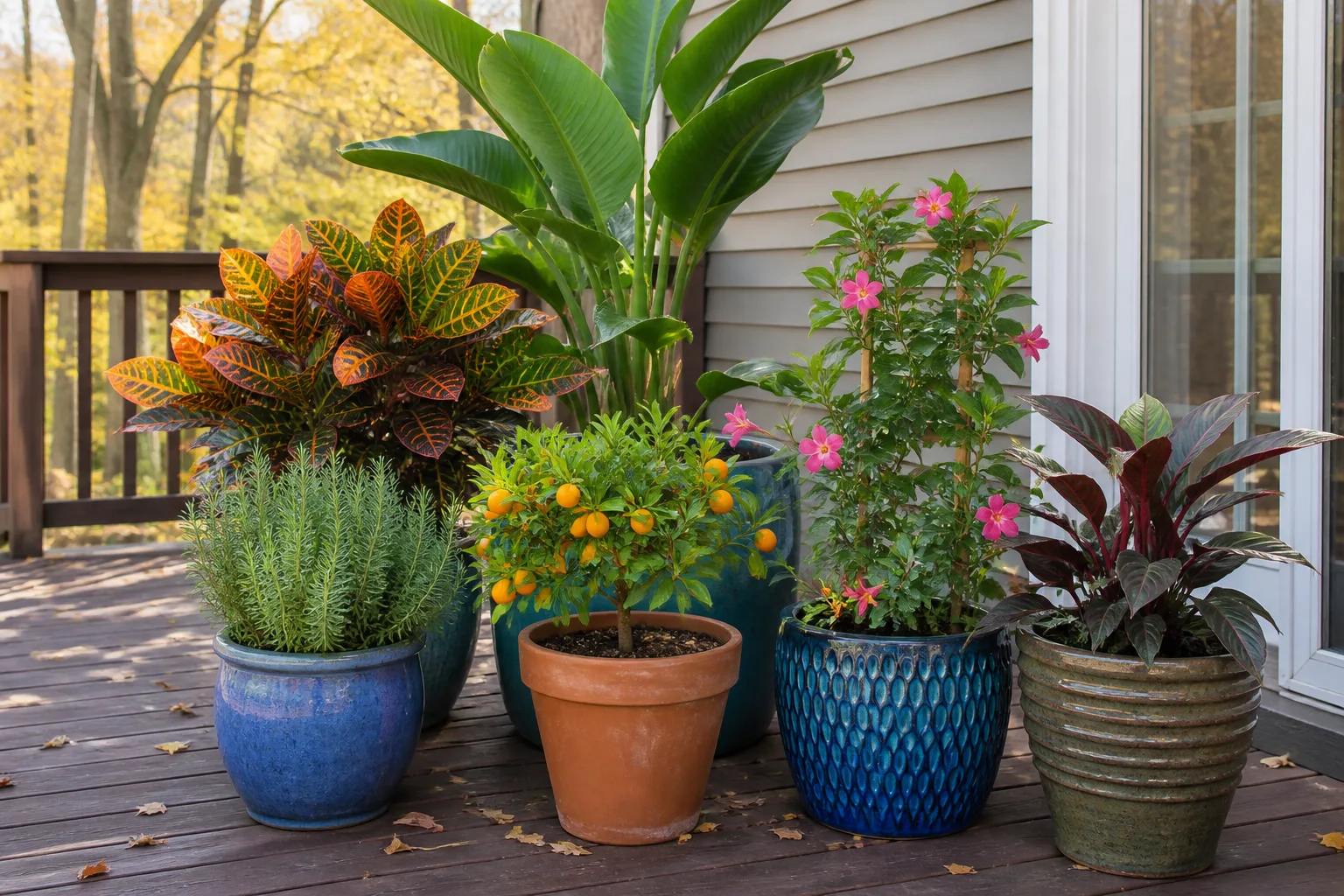 Potted patio plants gathered on a deck before being brought indoors for winter