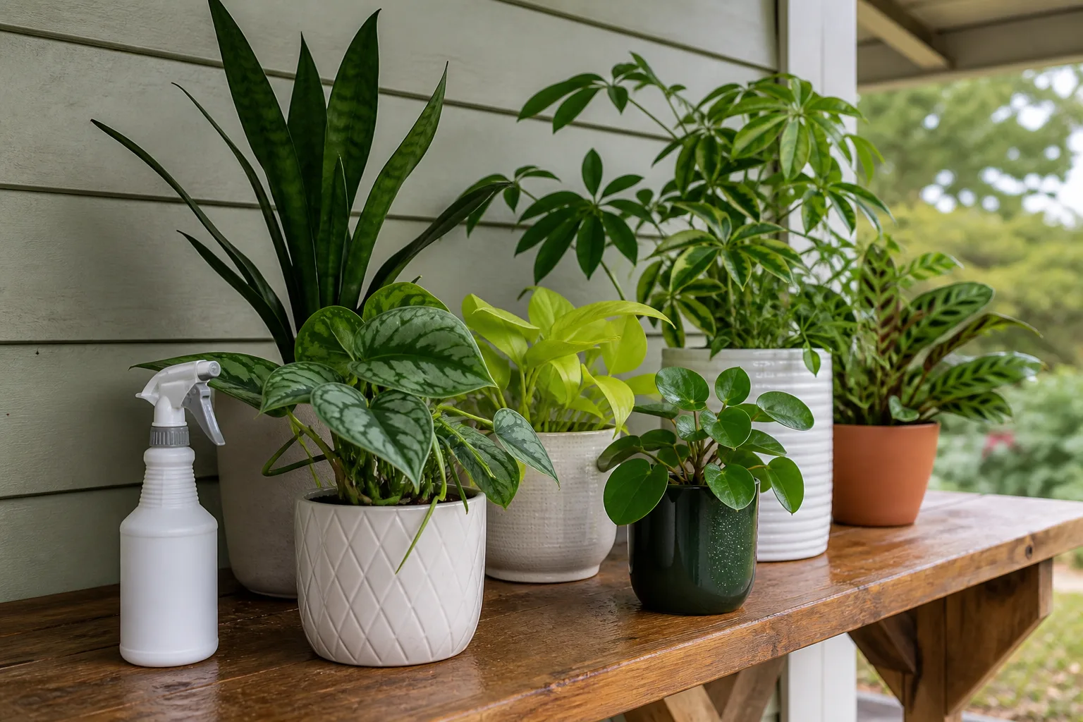 Houseplants on a sheltered porch during the acclimation period before moving fully indoors