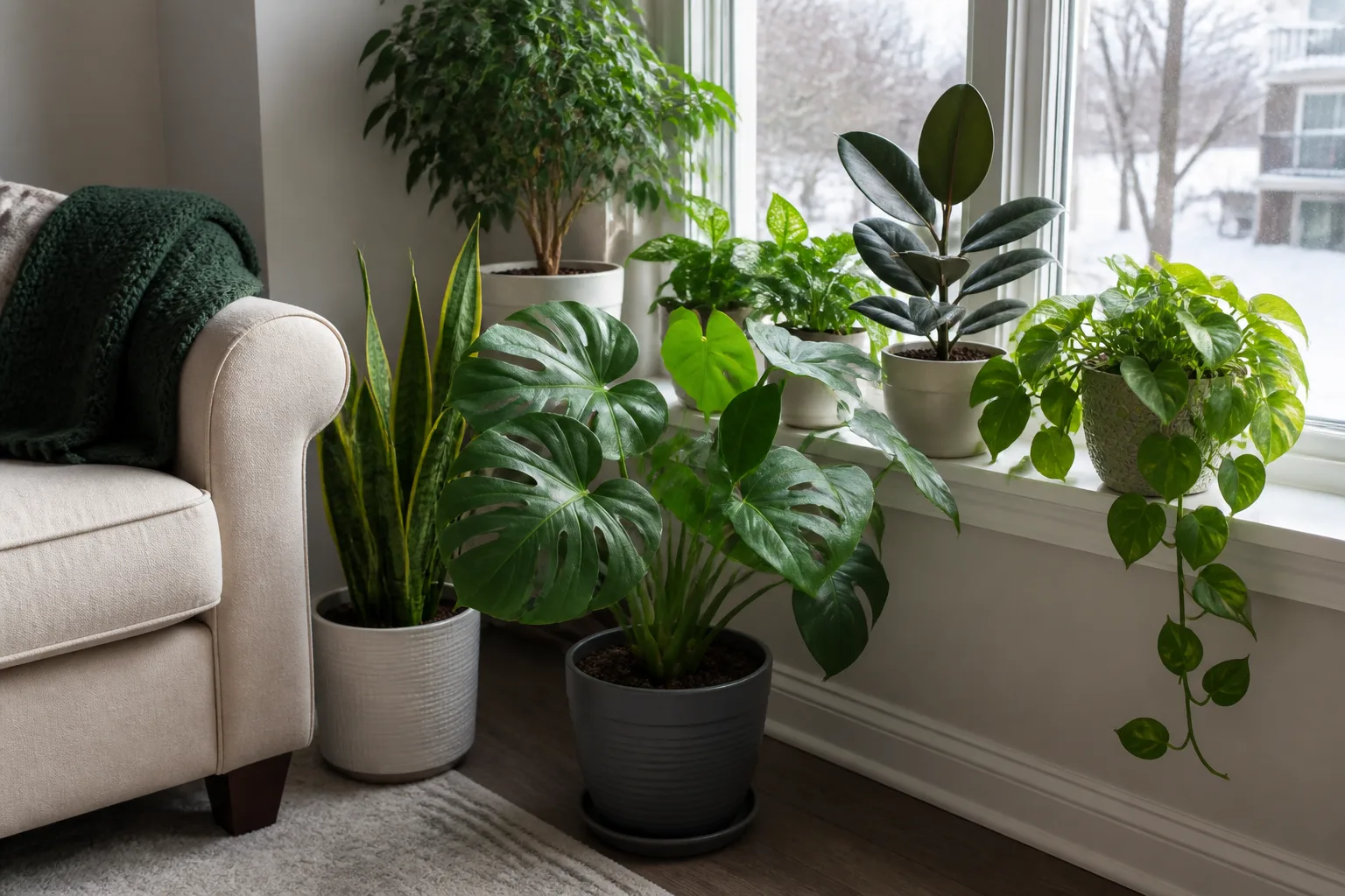Houseplants arranged on a bright indoor windowsill for winter care