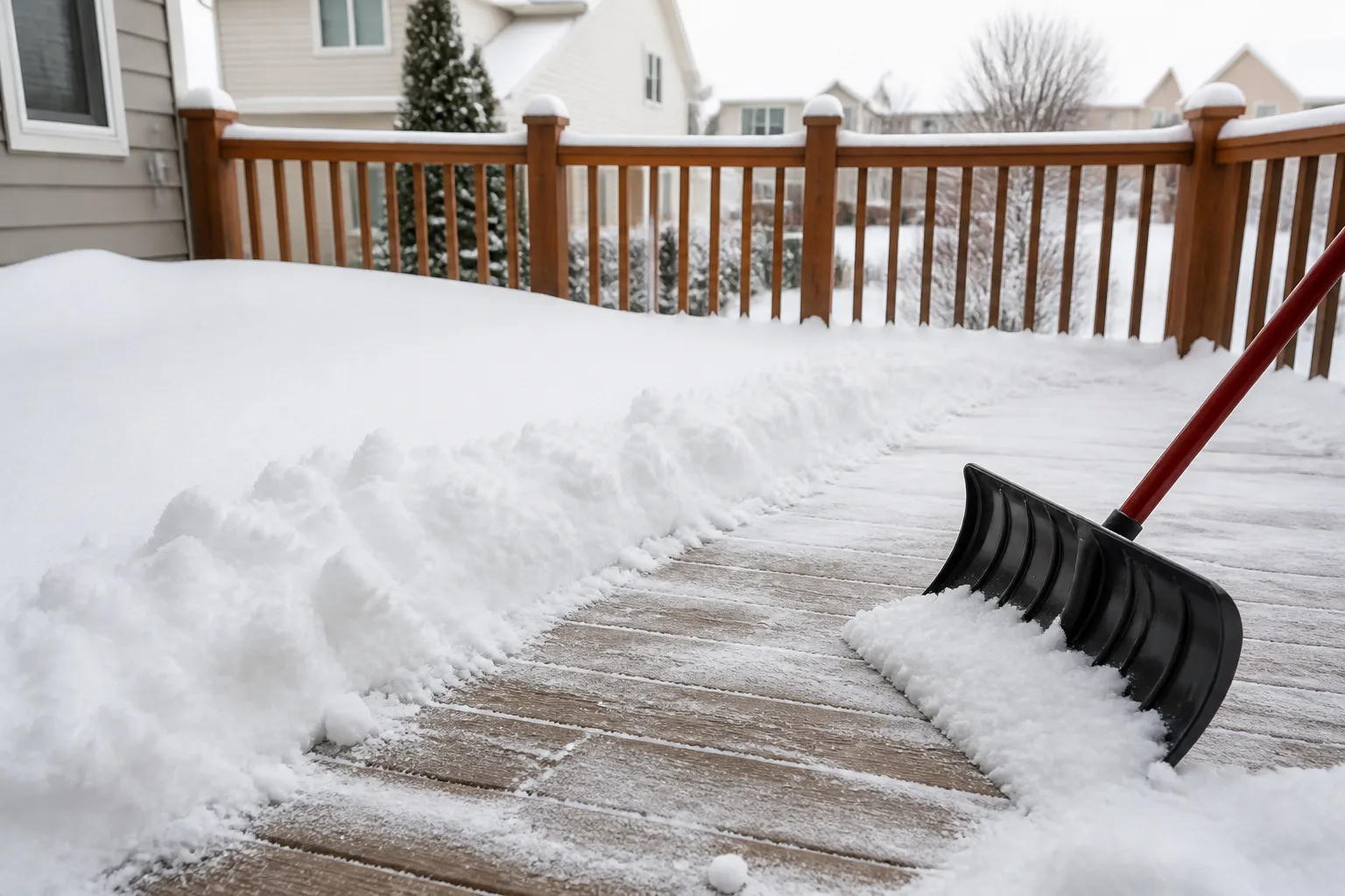 Elevated residential wooden deck with horizontal boards and railing covered in fresh winter snow beside a suburban house