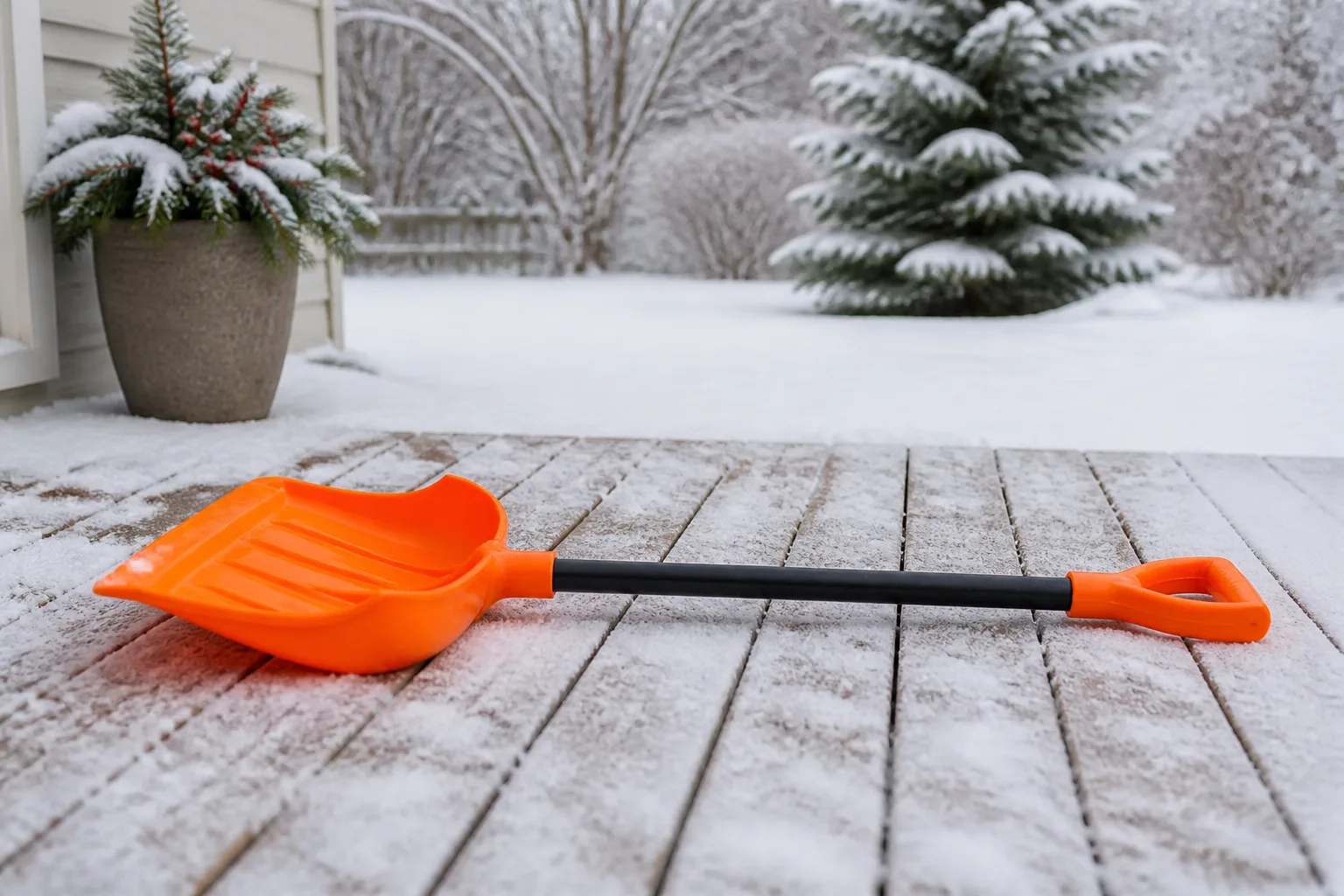 Orange plastic snow shovel resting parallel along wooden deck board planks on a light snow layer