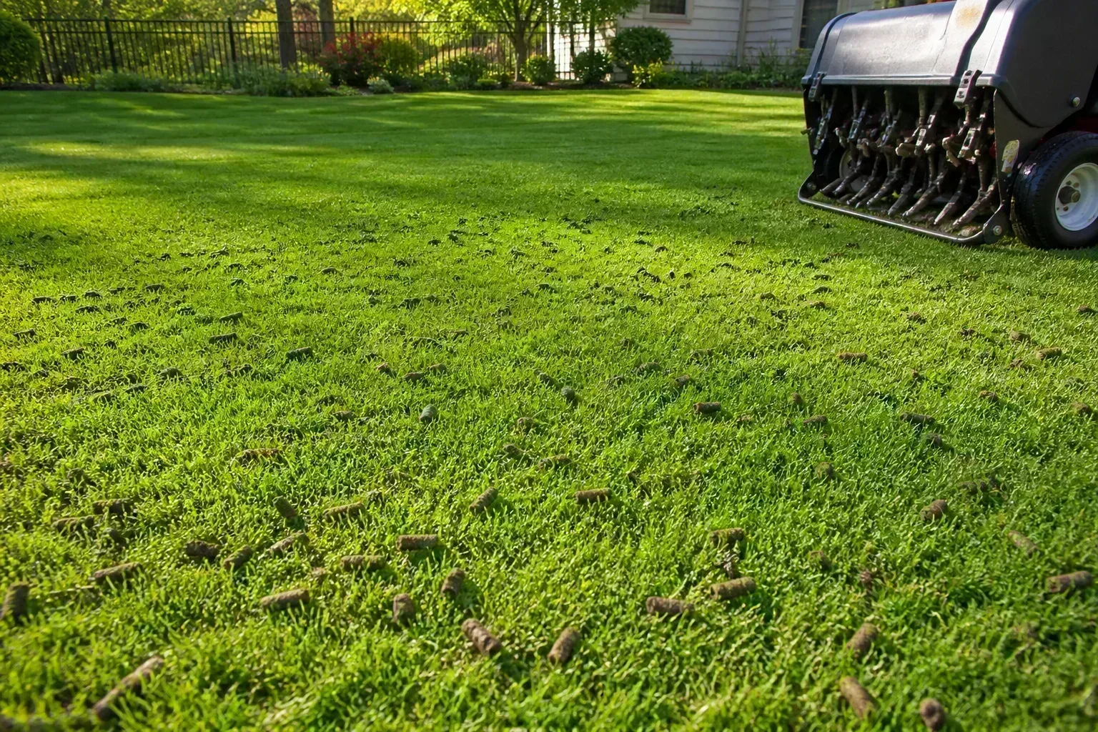 Lush green lawn with soil cores scattered across the grass after core aeration