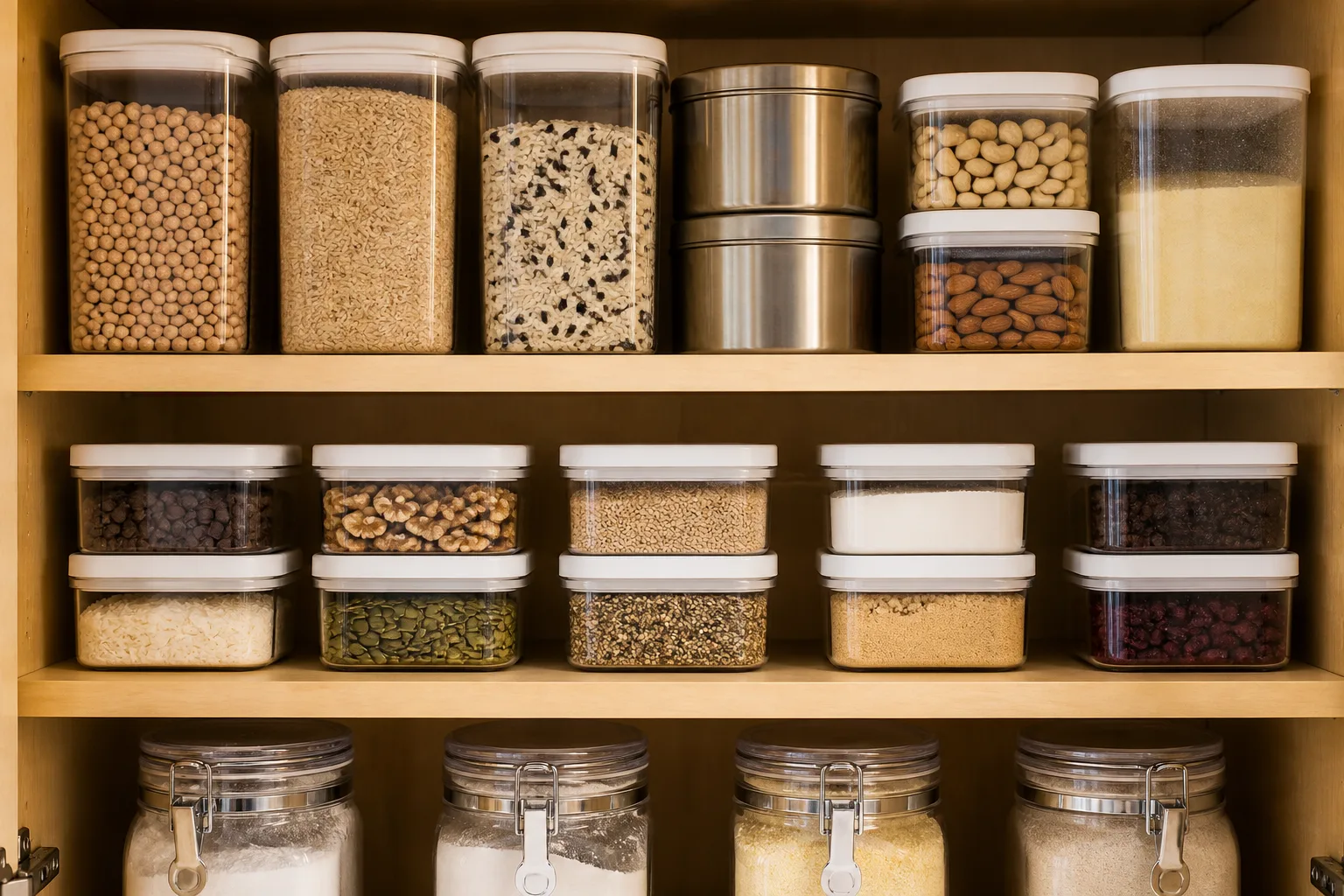 Pantry shelf with dry goods stored in sealed plastic and metal containers with tight lids