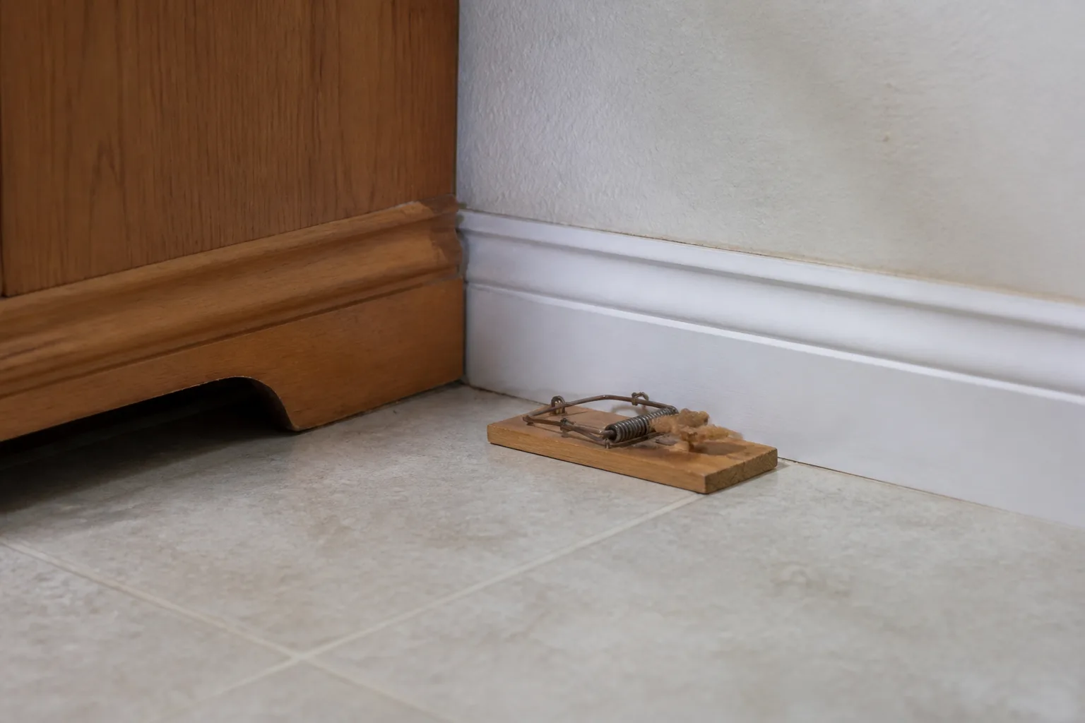 Wooden snap mouse trap baited with peanut butter set flush against a kitchen baseboard