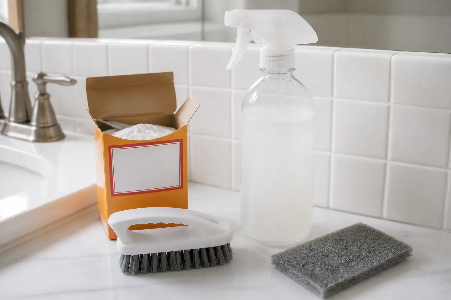 Baking soda spray bottle, open box, scrub brush, and pad arranged on a bathroom counter for mold cleaning