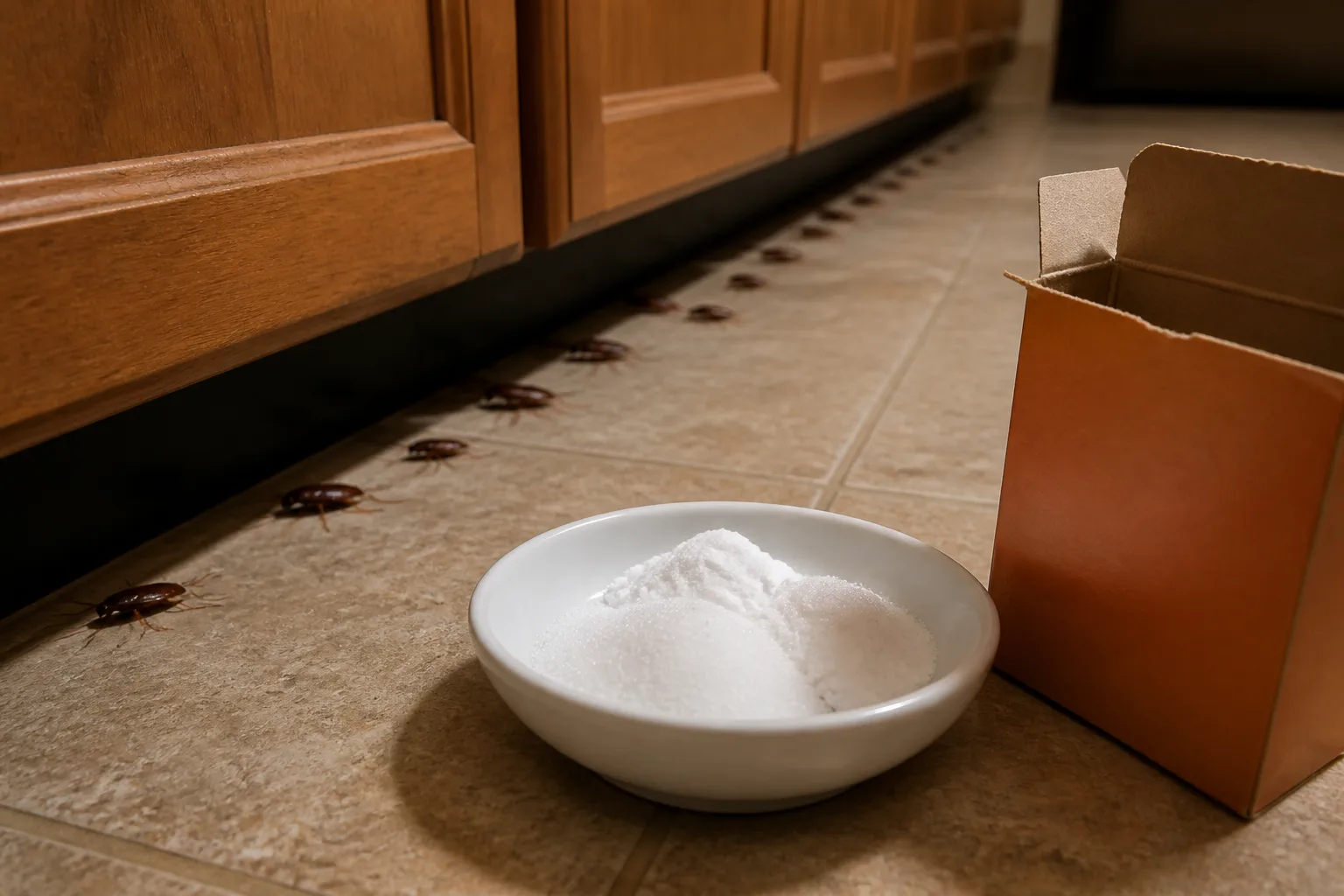 Small dish of sugar and baking soda bait beside an open baking soda box on a kitchen floor near the baseboard