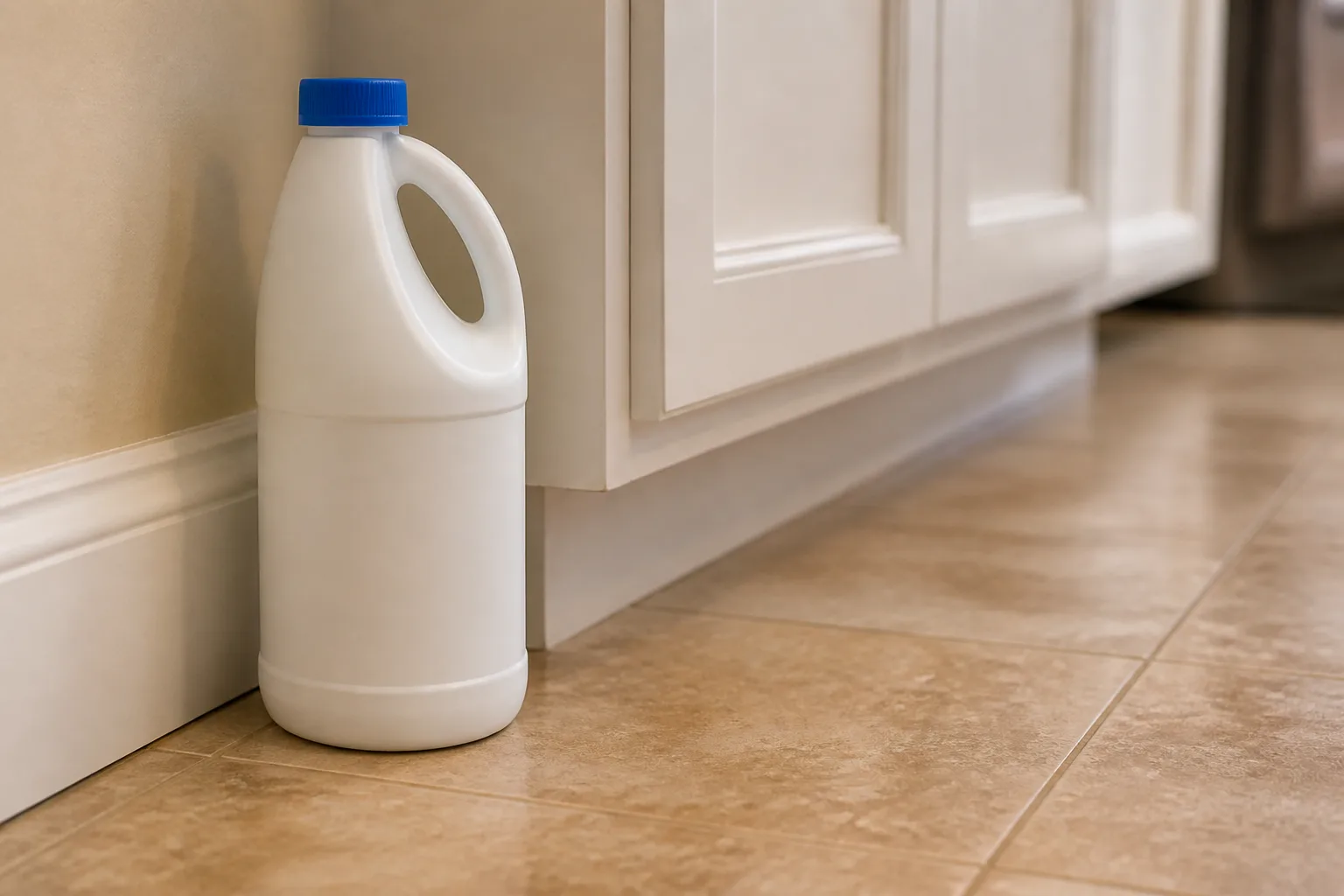 White chlorine bleach bottle on a kitchen floor beside a white baseboard and lower cabinet