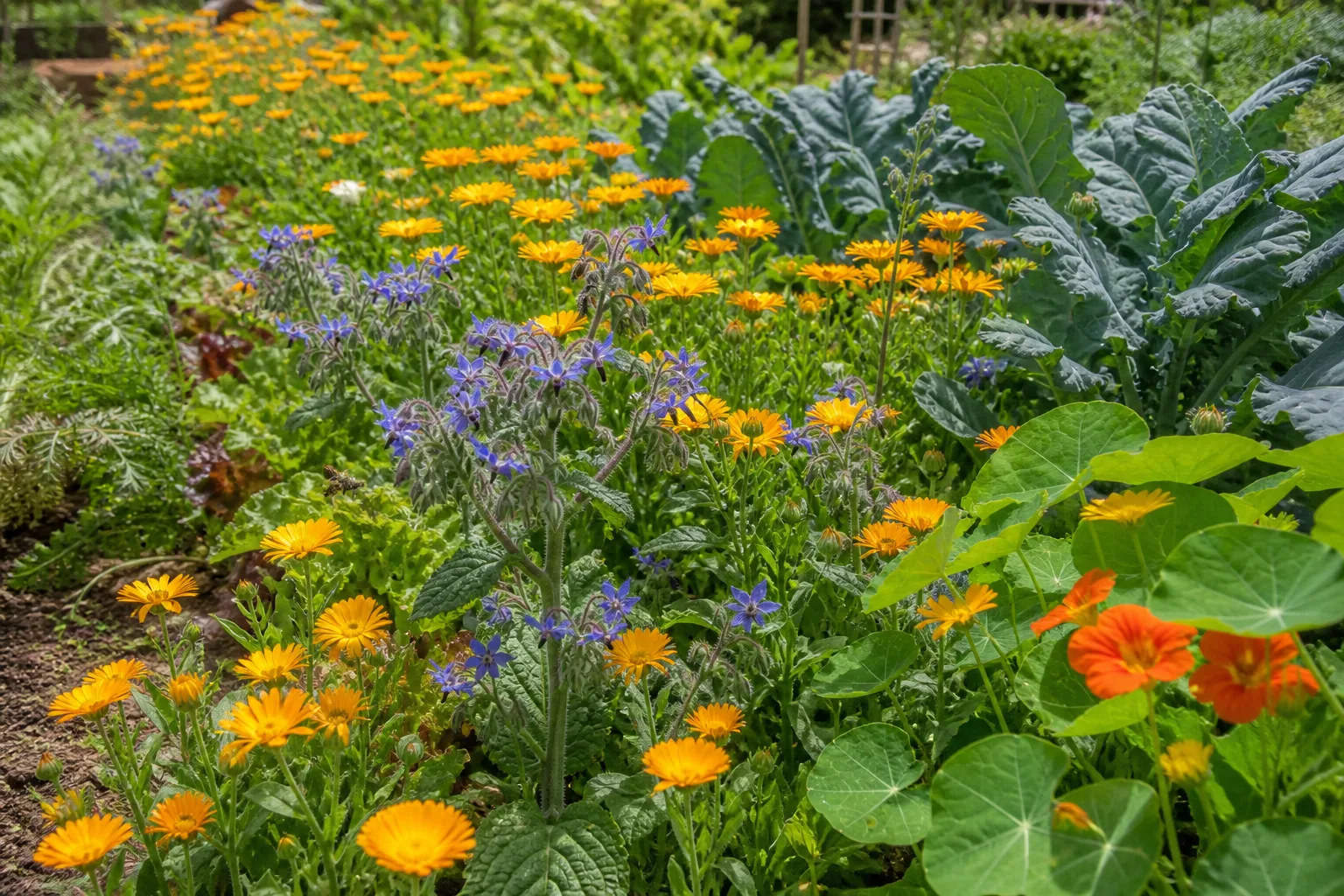 Flower strips and trap-crop nasturtiums beside vegetables demonstrating pollinator and pest-disruption mechanisms