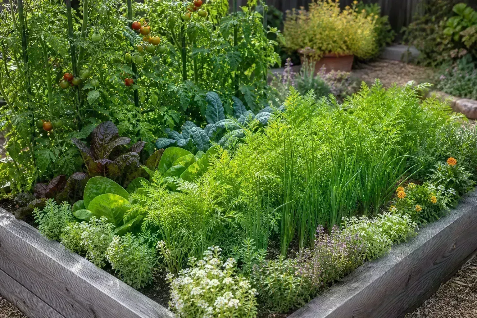Raised bed showing habitat flowers, complementary root zones, and mixed vegetable companions