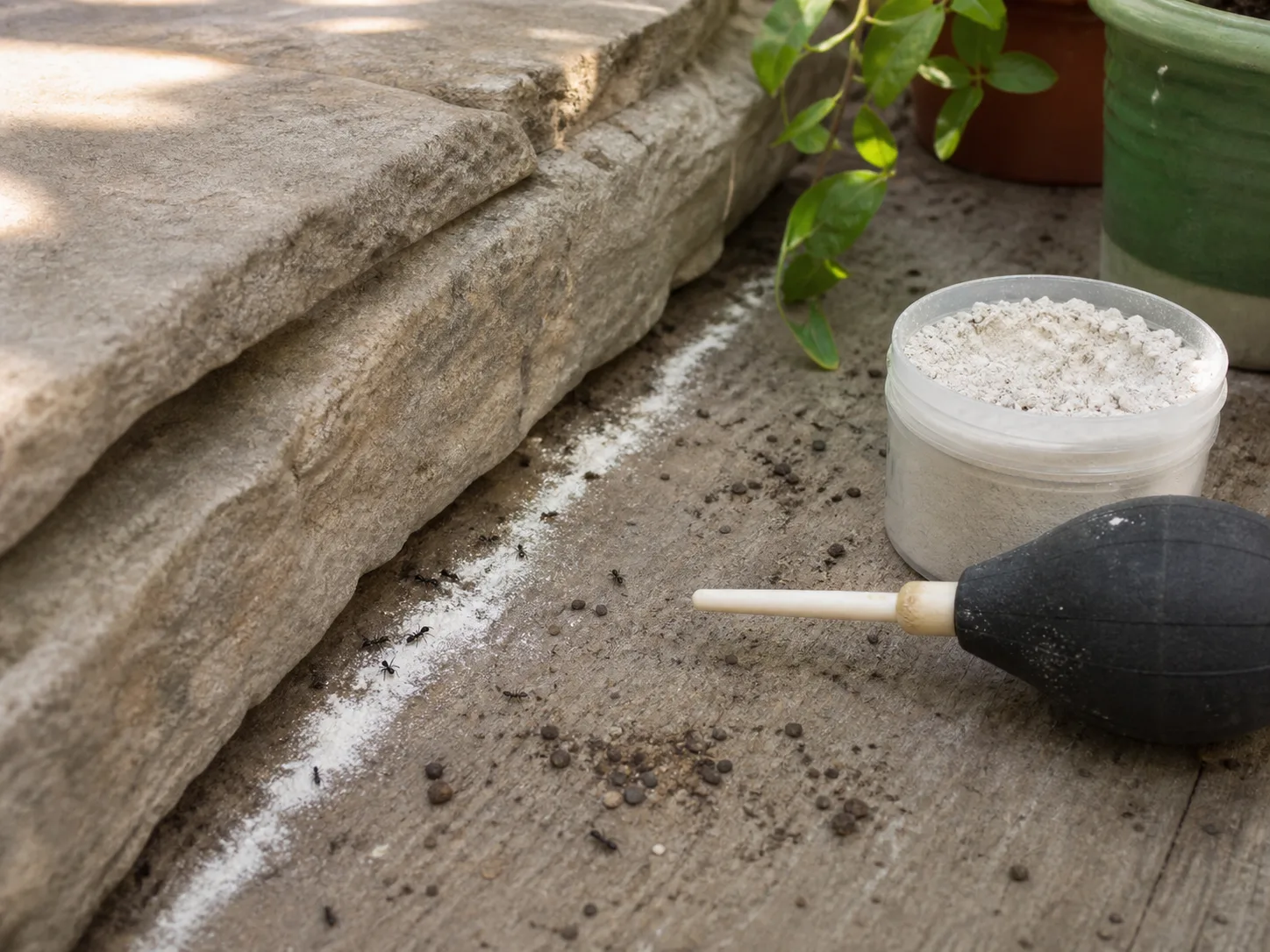 Applying a thin, dry layer of diatomaceous earth along a sheltered ant route with a bulb duster