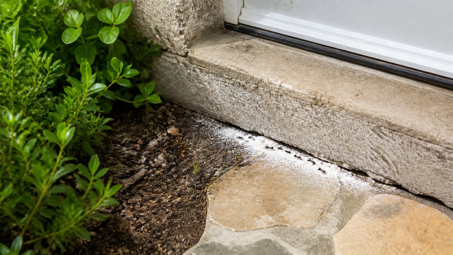 Dry diatomaceous earth along an ant route beside a home foundation