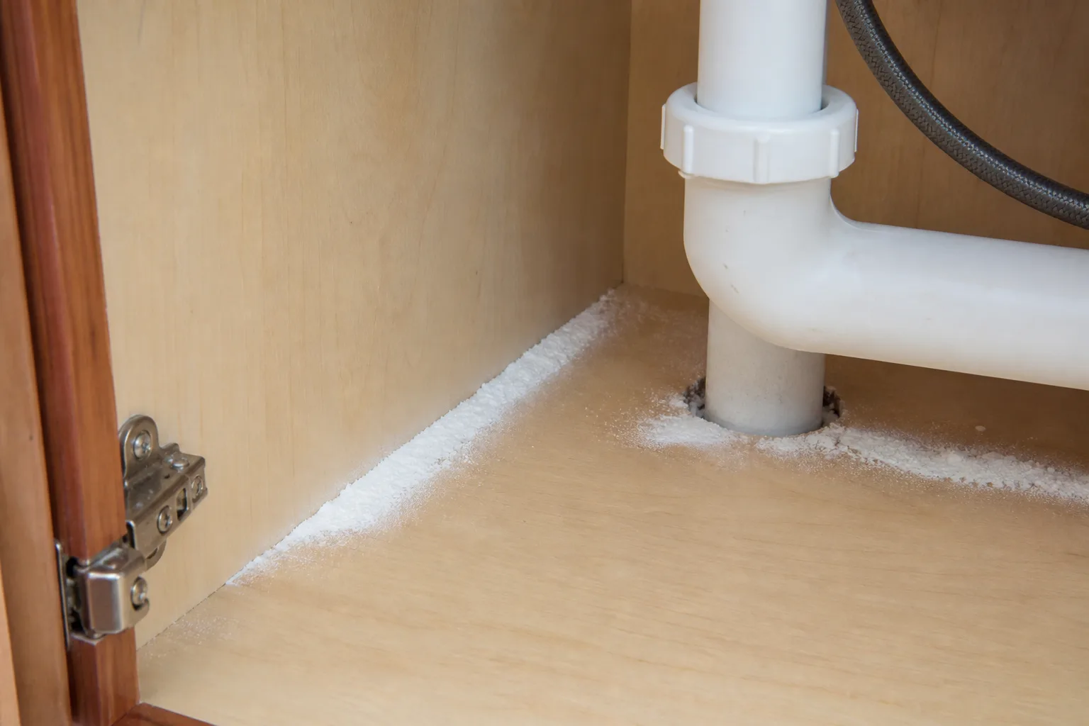 Pea-sized roach gel bait placed in a kitchen cabinet void corner near the dishwasher