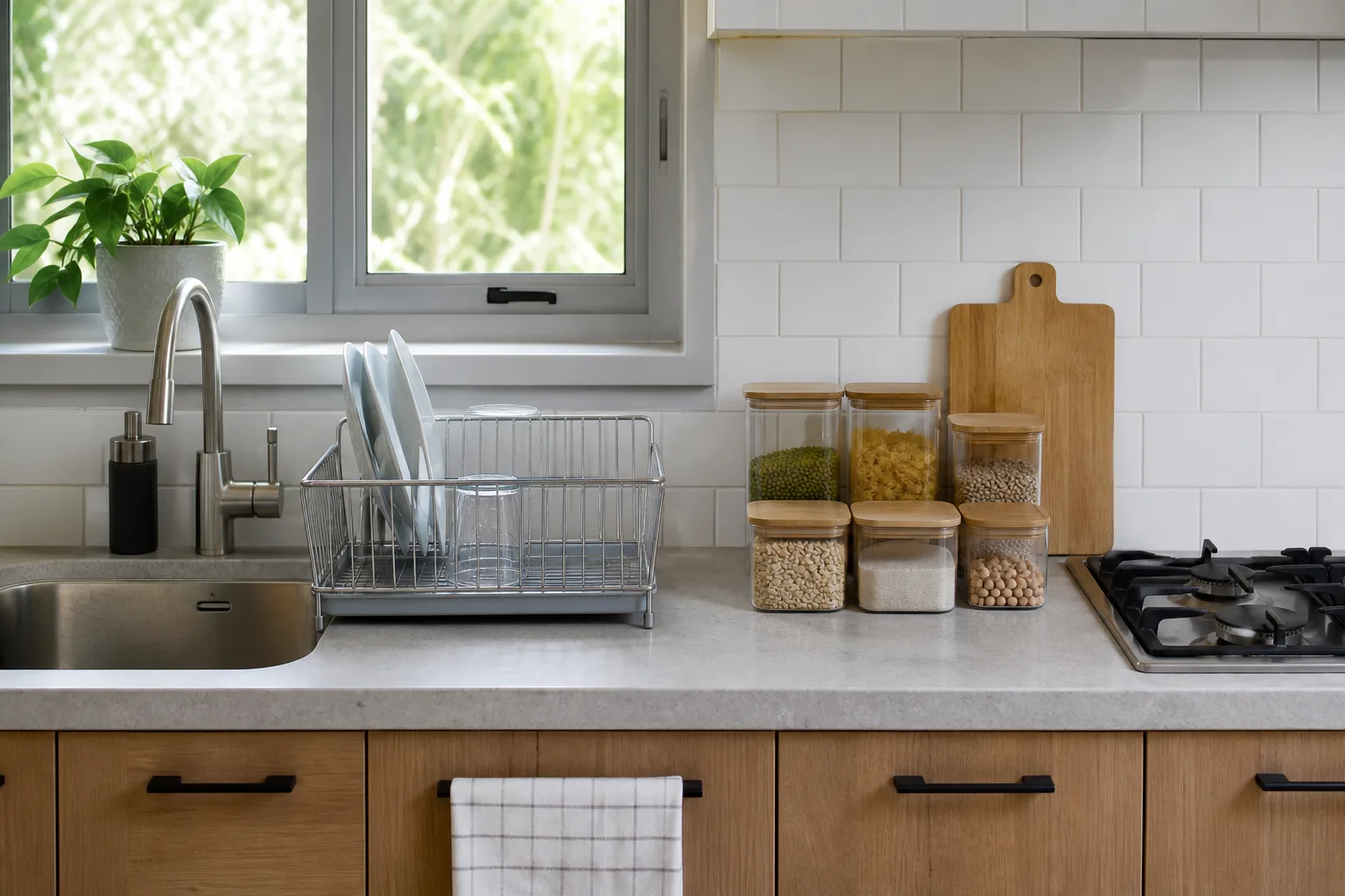 Clean kitchen counter with sealed food containers and a lidded trash bin for roach prevention